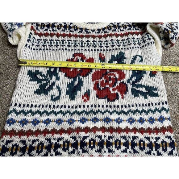 Vintage Changes Womens White Rose Floral Knit Nordic Pullover Sweater Medium - Picture 7 of 7